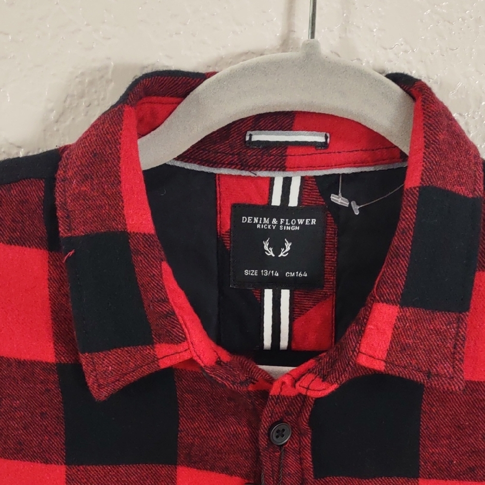 DENIM& FLOWER, Size 13/14,Kids Red and Black Plaid Shirt - Picture 3 of 17